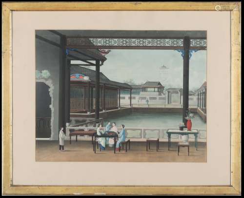Four paintings on paper depicting everyday life scenes and court life scenes, China, early 19th century