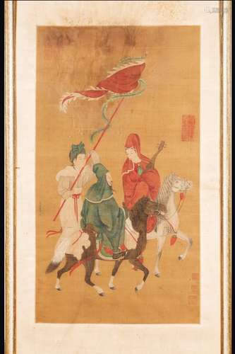 A painting on silk depicting musicians on a horse, China, Qing Dynasty, 19th century