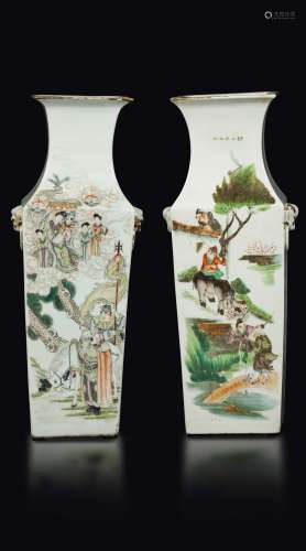 A pair of polychrome glazed porcelain square-based vases with fantastic scenes, everyday life scenes and inscriptions, China, Qing Dynasty, late 19th century