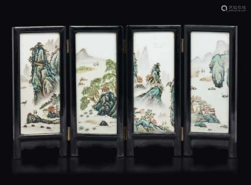 A small screen with polychrome glazed porcelain plaques depicting mountain and lake landscapes, China, 19th century