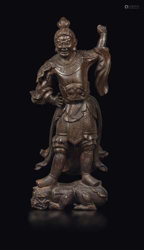 A carved wood figure of a Jikokuten guardian with glass eyes, Japan, 19th century