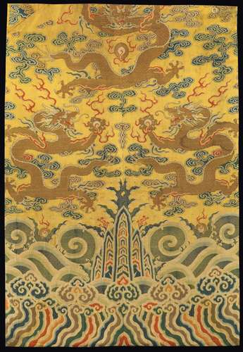 Kesi with gold thread depictions of dragons among the clouds on a yellow backdrop, China, Qing Dynasty, Qianlong period (1736-1796)