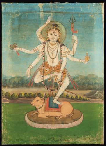 A painting tempera on canvas depicting Shiva on Nandi, Nepal, 19th  century