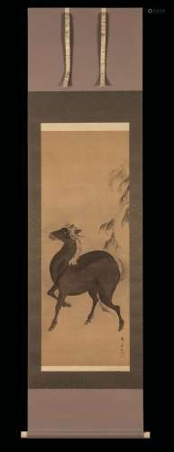 A painting on silk depicting a horse, Japan, signed Renzan Gantoku (1805-1859)