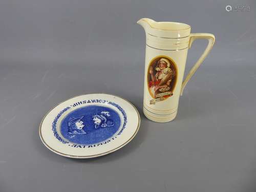 A Vintage 1930's Ovaltine Ceramic Jug, nr 805205, together with a charming plate Staffordshire plate entitled 'Matrimony'. (2)