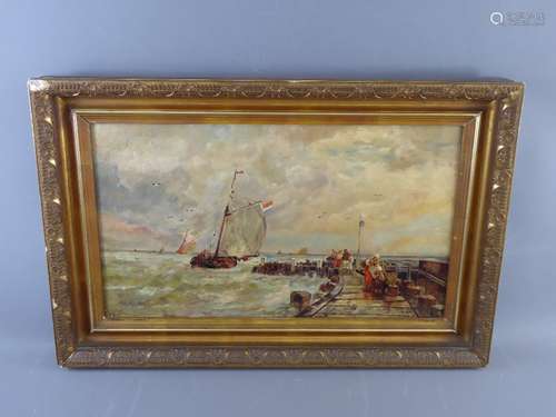 F. Stanton, Victorian Original Oil on Canvas depicting Dieppe France, fisher-folk awaiting the catch, approx 59 x 34 cms, gilt frame.