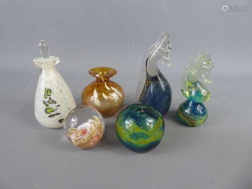 Mdina Glass Paperweights, two being in the shape of seahorses and two perfume bottles with stoppers, signed. (4)