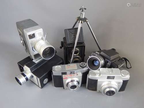 A Box of Vintage Cameras, including a Silette LK Pronto LK in brown leather case, a 1B GB Kershaw 110, Coronet 4 x 4MK 1 in original box, three cine cameras, a Jelco U8 Zoom (Nihon Cine Ind. Co. Ltd)., eight Brownie box cameras, Synchro Pocket Ensign, Agfa Silette Vario, Waltan Jnr., Peterson Darkroom Lamp amongst others. (approx 30 cameras).