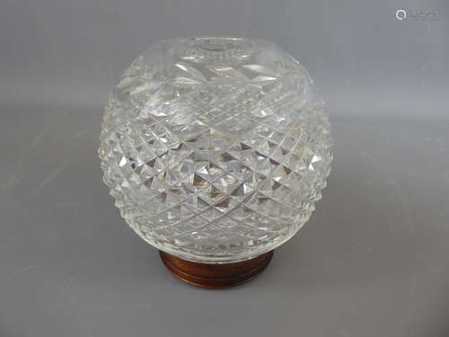 A Cut-Glass Globe Vase on Wooden Stand approx 16 cms high excl stand.