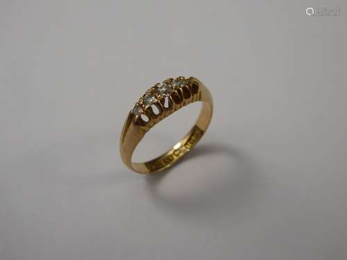 An Antique 18 ct Yellow Gold Five Stone Diamond Ring, the set with approx 18 pts graduated old-cut dias, Chester hallmark, mm EFB, size J, approx 2.4 gms.