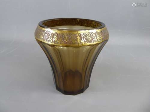 A Vintage Moser Smoky Glass Vase, faceted with gilt-foliate design to flared upper rim, approx 17 cms.