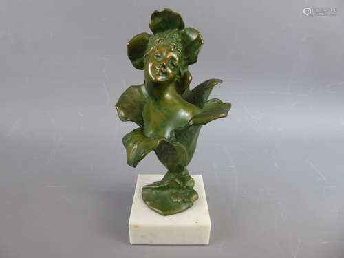 A Green-Bronzed Floral Figurine, on marble plinth, approx 22 cms (inc. plinth).