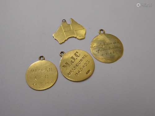 Miscellaneous 18ct Yellow Gold Charms, including two engraved 'Beauty Counsellors of Australia 1/4/63; MJC Melbourne nr 945433, Map of Australia 'Homecoming conference 1966 and another Mizpah 20/07/66, approx 9 gms.