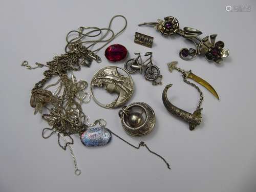 Collection of Silver Jewellery, including sterling silver floral brooch, sterling silver disc brooch and chain, Art Nouveau-style pendant brooch, crystal drop pendant, articulated silver bicycle brooch, kukri brooch together with seven silver chains, five pairs of drop earrings and a red stone brooch.