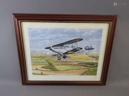 A Limited Edition Print of a 1934 RAF Hawker Hind Biplane, No 9/500 and signed bottom right M Nutting, approx 44 x 33 cms (io).