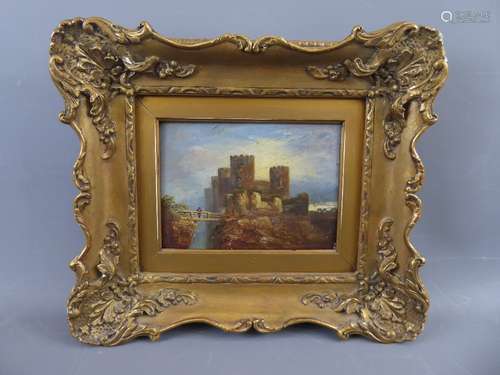 A Victorian Oil on Board, depicting 'Castle Ruins', approx 17 x 13 cms, unsigned, presented in a gold-painted frame.