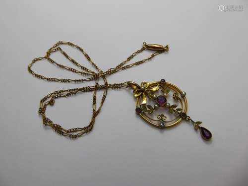 An Edwardian Amethyst-Style Yellow Metal and Seed Pearl Pendant and Chain, approx 3.4 gms