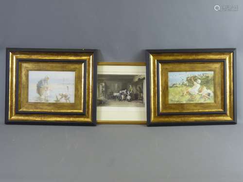 A Pair of Sea-Side Prints depicting Victorian family scenes and a Victorian Print depicting a domestic scene entitled 'Domestic Troubles', all framed and glazed, approx 24 x 16 (2) and 25 x 17 cms respectively (3)