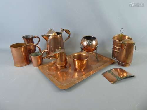 A Collection of Antique Copper Items, including a rectangular tray, two lidded pourer's, three mugs, a miniature cauldron, a watering can and two planters. (10}