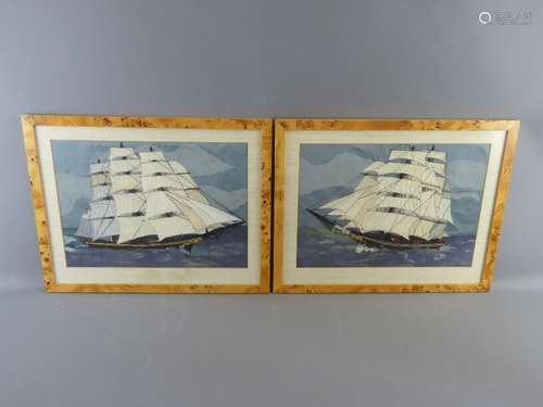 A Pair of Applique Art Works by Anne Rutter dated 1963, depicting sailing ships, entitled 'The Cutty Sark' and 'The Flying Cloud', approx 45 x 32 cms, framed and glazed.