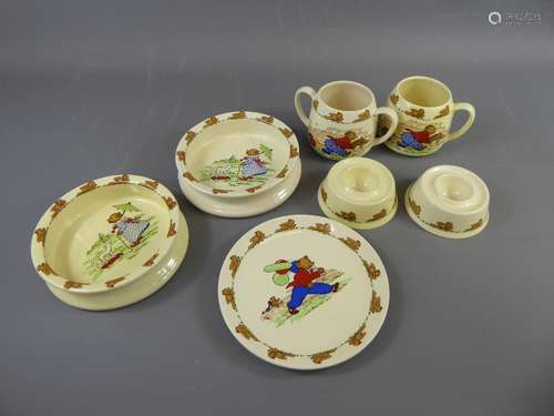 Miscellaneous Sylva and Crown Winsor Nursery Pottery, comprising twin handled mug, single handled mug, two egg cups, two cereal bowls and a plate, all hand painted with teddy bears.(7)