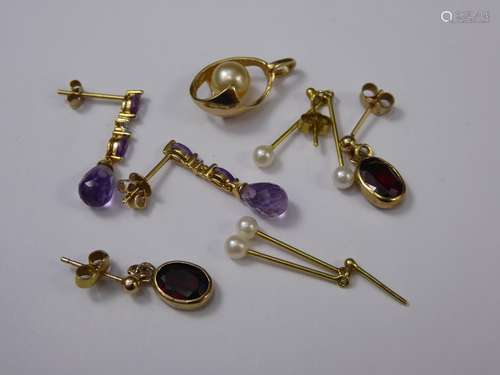 Miscellaneous Gold Jewellery, including a 14 ct yellow gold and pearl pendant, a pair of 18ct gold and amethyst drop earrings, a pair of 9 ct pearl drop earrings, a pair of 9 ct garnet earrings, approx 5.8 gms.