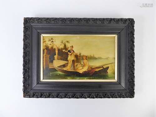 Italian School 19th Century Oil on Board, depicting young women in a rowing boat, approx 24 x 15 cms, signed lower right Ciotta, presented in a ebonized frame.