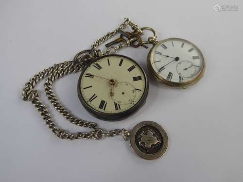 A Silver Cased Pocket Watch and Fob Chain, white enamel face with Roman dial, second aperture, stamped 800, nr 21878 together with a Victorian circa 1837 silver cased pocket watch, London hallmark, white face Roman dial, rose gold hands, second aperture.(af) Glass missing, some minor loss to the enamel. (2)