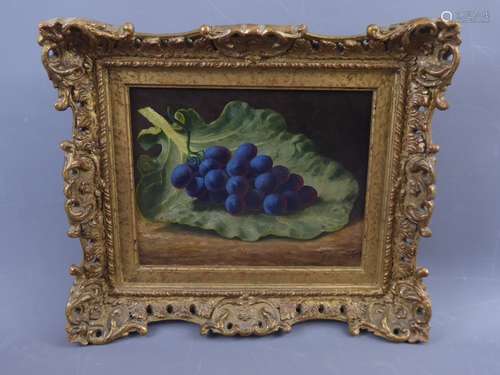 Victorian OIl on Canvas, Still Life in Fruit, depicting black grapes and cabbage leaf, signed lower right, approx 24 x 20 cms, illegible signature.