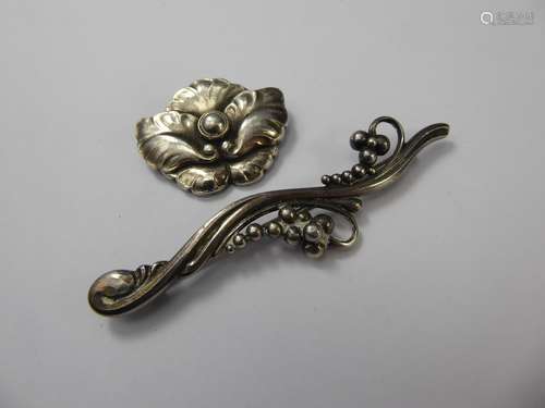 Georg Arthur Jensen Silver Floral Brooch, stamped 925 Georg Jensen 3.5 x 3 cms, together with another foliate brooch, stamped 925 Georg Jensen approx 9 cms. (2)