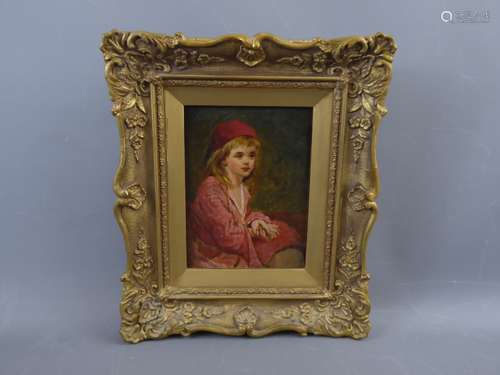 A Late Victorian Oil on Board, depicting a 'Small Girl Clasping a Scent Bottle', presented in a gold-painted frame, illegible signature lower right, approx 14 x 19.5 cms.