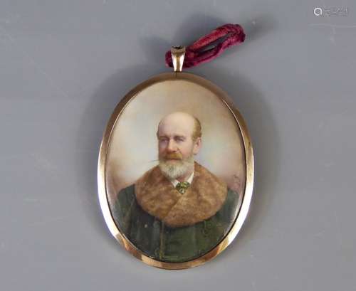 Frances H. McKeller Portrait Miniature, the fine watercolour depicting Frederick J. Horniman Esq F.R.G.S, label to verso reads exhibited at the Royal Academy of Arts 1891, approx 8 x 10 cms, presented within a 9ct gold oval frame. Frederick J. Horniman (1835-1906) English tea trader and founder of the Horniman Museum in London, approx 8 x 10 cms, monogram lower right.