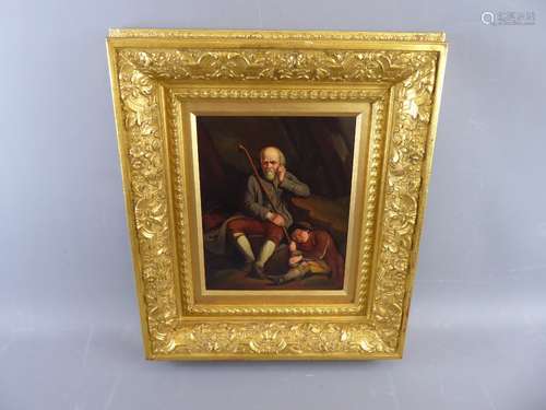 Original Oil on Metal, depicting 'Travellers Resting', approx 20 x 24 cms, presented in an ornate gilt-wood frame.