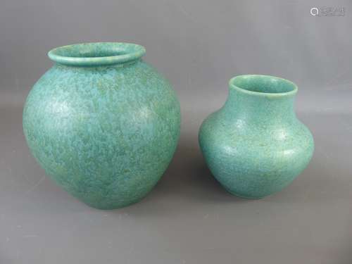 Two Pilkington Royal Lancastrian Mottled Blue/Green Glaze Pottery Vases, the first being approx 20 cms high, the other approx 26 cms high.