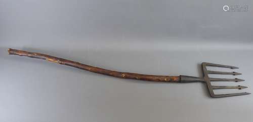 A 19th Century Hand-Forged Wrought Iron Eel/Lamprey Spear with original wooden shaft and five-barbed prongs, the fork being approx 37 cms long and the spear 137 cms long.