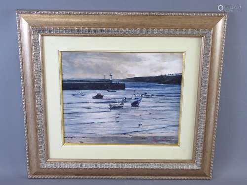 Hamish Grant (1937-2013) Original Oil on Board, entitled 'St Ives at Sunset', signed lower right, approx 30 x 24 cms.