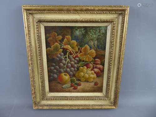 A Contemporary Still in Fruit, depicting grapes, plums, apples and strawberries, approx 24 x 29 cms, monogram to lower left, presented in a gold-painted frame.