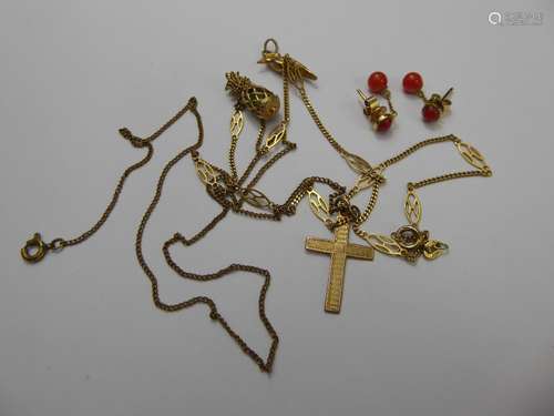 A Quantity of Gold Jewellery, including 14 ct gold necklace, coral earrings and pineapple charm, approx 7.3 gms, with a 9ct gold kingfisher pendant and cross, approx 2.8 gms