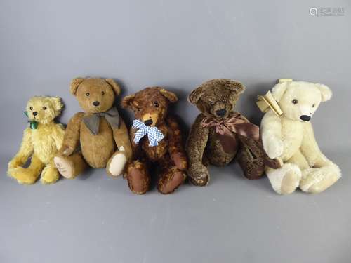 A Collection of British Mohair Teddy Bears, including two hand-made 'Tuppence' Bears (blonde and dark brown), made by Jane Preston, the blonde with original certificate No. 1/1 'Gatmore' (some loss of felt to paws and feet, approx 34 and 36 cms respectively), one Limited Edition 'Robin Rive ' tan bear with original certificate No. 268/2000 (approx 34 cms), another limited edition dark brown 'Cambrian Bear' stitched to foot No. 138/500 (approx 36 cms), together with a small unidentified gold bear (approx 27 cms).