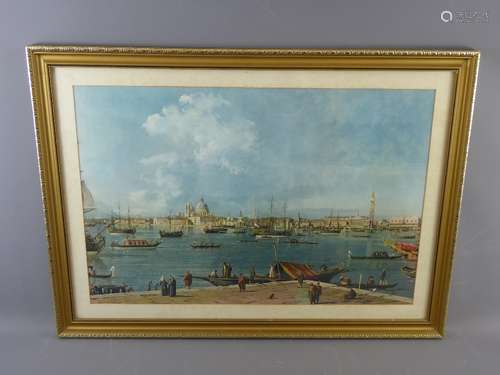 A Vintage Coloured Print View of Venice Dockside. The painting depicts a busy dockside with a galleon in the foreground and St Peter's in the background, approx 63 x 42 cms, glazed and framed.