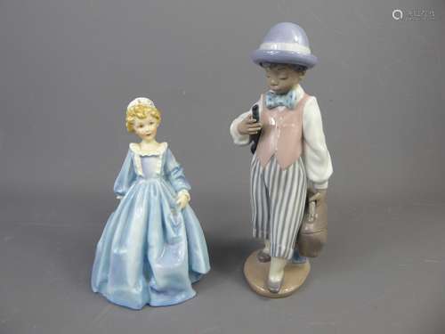 A Doughty Figure of a Girl in Grandmother's Dress approx 17 cms high together with a Lladro figure of a lad carrying a bag and an instrument approx 22 cms.