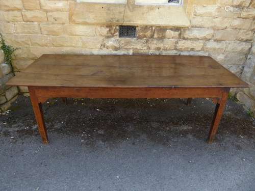 A Large Antique 19th Century Four Plank Oak Farmhouse Table, with tapered legs (possibly French, seating 8-12), approx 220 x 91 x 74 cms high