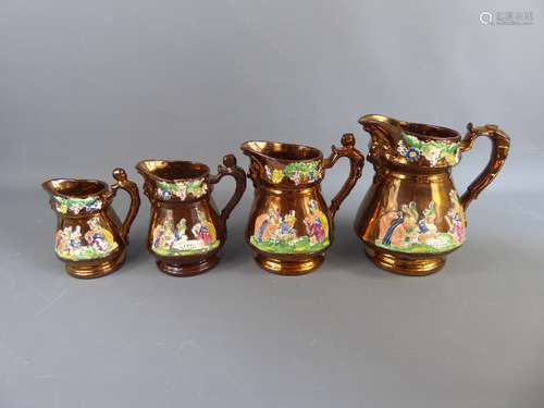 Four 19th Century Graduated Staffordshire Copper Lustre Ware Jugs, depicting piglets enjoying a picnic.