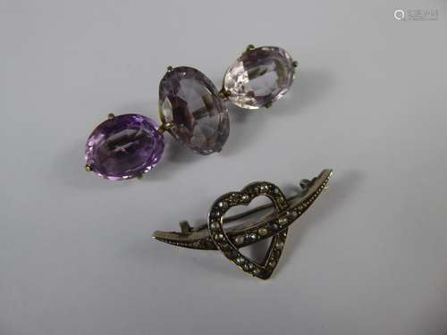 A Silver 9ct Gold Heart-Shape Seed Pearl Brooch together with a Amethyst and White Stone Brooch.