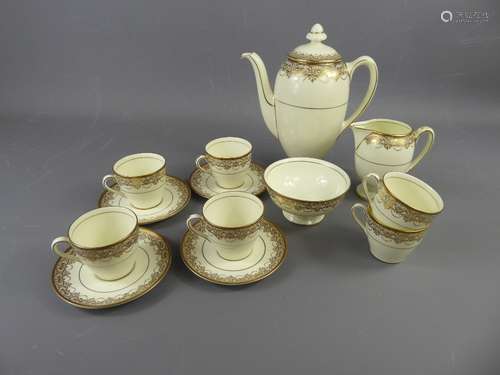 A Royal Doulton 'Gold Lace' Coffee Set, comprising coffee pot, sugar bowl, milk jug (af), six demi-tasse and six saucers, pattern nr 3402.