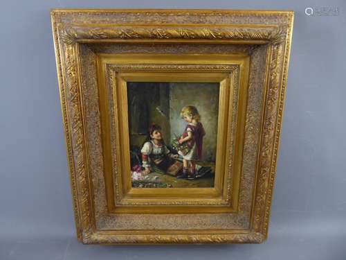 A Contemporary Oil on Board, depicting Flower Girls, approx 19 x 22 cms, presented in a heavy gilt-painted frame.