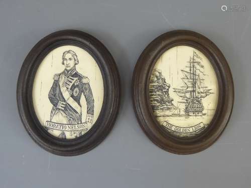 A Pair of Naval Scrimshaw-style depiction, entitled 'The Golden Lion' and 'Horatio Nelson', approx 10 x 7 cms.