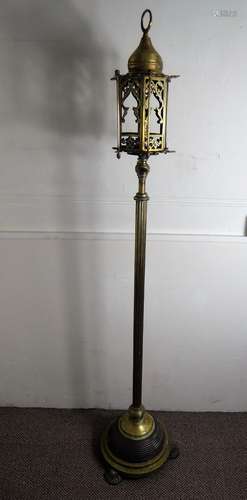 A Victorian Brass Moorish Telescopic Brass Floor Lamp, with circle finial, approx 170 cms high.