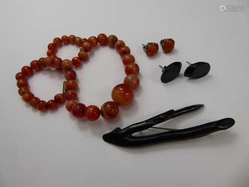 Antique Graduated Banded Agate Necklace, approx 40 cms, beads measure 8 to 16 mm with matching pair of  similar earrings together with a black coral brooch, approx 185 mm and matching earrings.