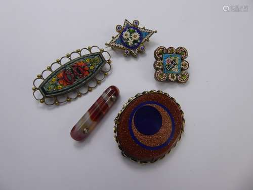 Miscellaneous Brooches, including three Italian mosaic, banded agate and a gold and blue glass brooch.